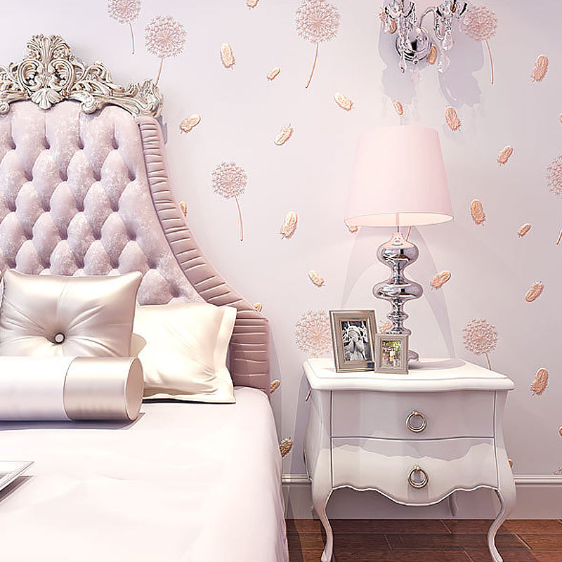 Pink Dandelion and Feather Wallpaper for Girl, 33-foot x 20.5-inch Moisture-Resistant Non-Pasted Clearhalo 'Wall Decor' 'Wallpaper' 893095