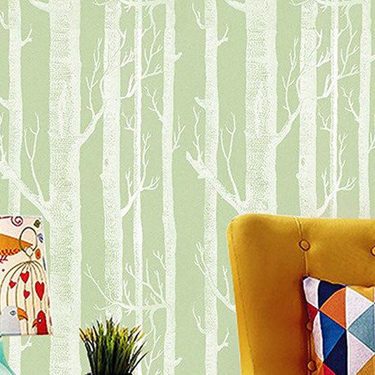 Pastel Color Natural Tree Wallpaper 20.5-inch x 33-foot Non-Woven Decorative Forest and Birch Tree Wall Covering Green Clearhalo 'Modern wall decor' 'Modern' 'Wallpaper' Wall Decor' 893232