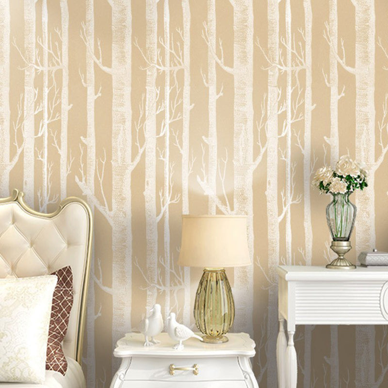 Pastel Color Natural Tree Wallpaper 20.5-inch x 33-foot Non-Woven Decorative Forest and Birch Tree Wall Covering Yellow-Brown Clearhalo 'Modern wall decor' 'Modern' 'Wallpaper' Wall Decor' 893236