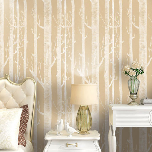 Pastel Color Natural Tree Wallpaper 20.5-inch x 33-foot Non-Woven Decorative Forest and Birch Tree Wall Covering Yellow-Brown Clearhalo 'Modern wall decor' 'Modern' 'Wallpaper' Wall Decor' 893236
