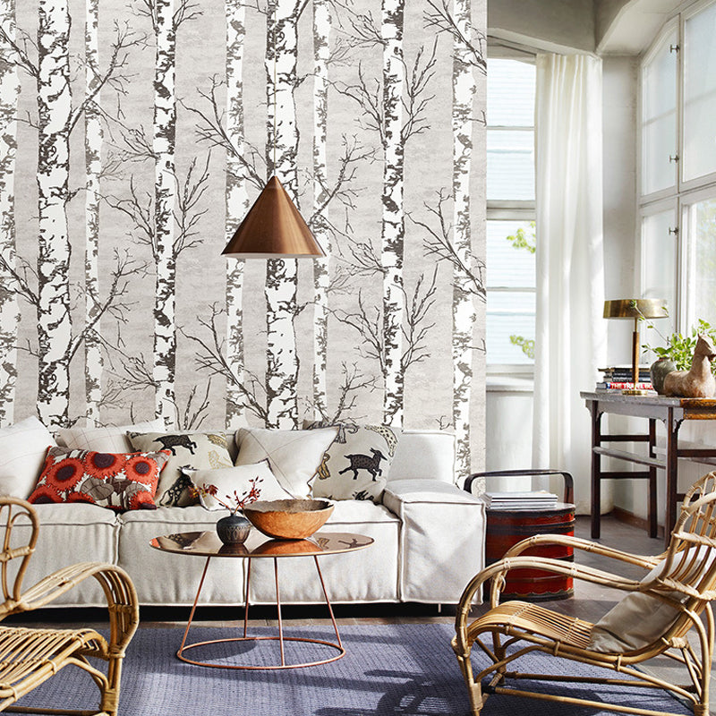 Nordic Forest and Trees Wallpaper in White Water-Resistant Non-Pasted Wall Decor 20.5"W x 33'L Gray-White Clearhalo 'Modern wall decor' 'Modern' 'Wallpaper' Wall Decor' 893248