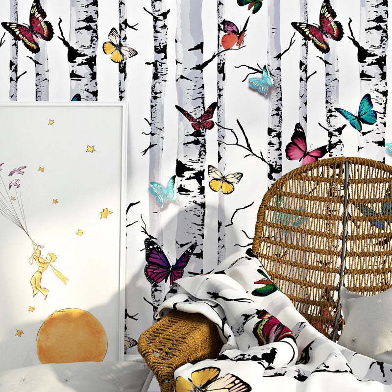 Stem and Butterfly Wallpaper in Multi-Colored 20.5 in x 31 ft Nostalgic Non-Pasted Wall Decor White Clearhalo 'Modern wall decor' 'Modern' 'Wallpaper' Wall Decor' 893259