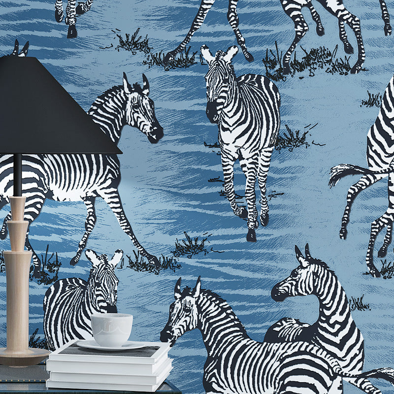 Wild Animal Zebra Wallpaper Non-Woven Moisture-Resistant Wall Covering, 20.5"W x 33'L Blue Clearhalo 'Modern wall decor' 'Modern' 'Wallpaper' Wall Decor' 893282