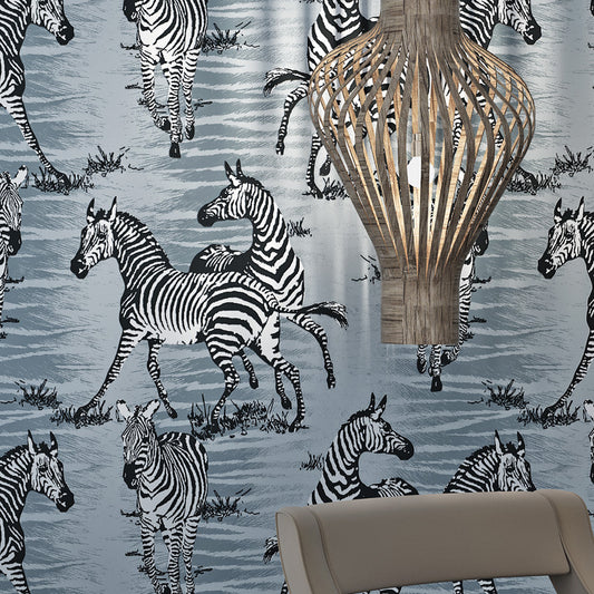 Wild Animal Zebra Wallpaper Non-Woven Moisture-Resistant Wall Covering, 20.5"W x 33'L Light Gray Clearhalo 'Modern wall decor' 'Modern' 'Wallpaper' Wall Decor' 893286