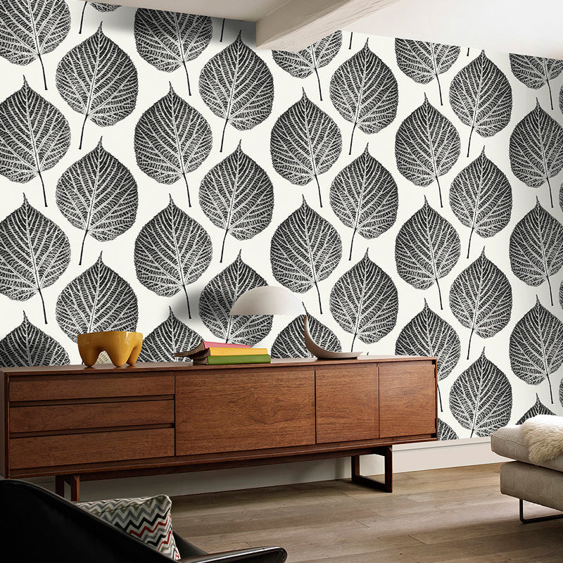 Nordic Leaves Wallpaper for Bedroom 31'L x 20.5"W, Non-Pasted Black-White Clearhalo 'Modern wall decor' 'Modern' 'Wallpaper' Wall Decor' 893294