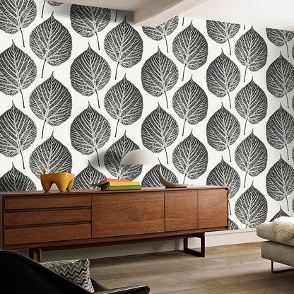Nordic Leaves Wallpaper for Bedroom 31'L x 20.5"W, Non-Pasted Black-White Clearhalo 'Modern wall decor' 'Modern' 'Wallpaper' Wall Decor' 893294