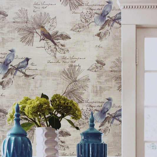 Bird and Butterfly PVC Wallpaper in Multi-Colored 33-foot x 20.5-inch Decorative Non-Pasted Wall Covering Blue Clearhalo 'Modern wall decor' 'Modern' 'Wallpaper' Wall Decor' 893297