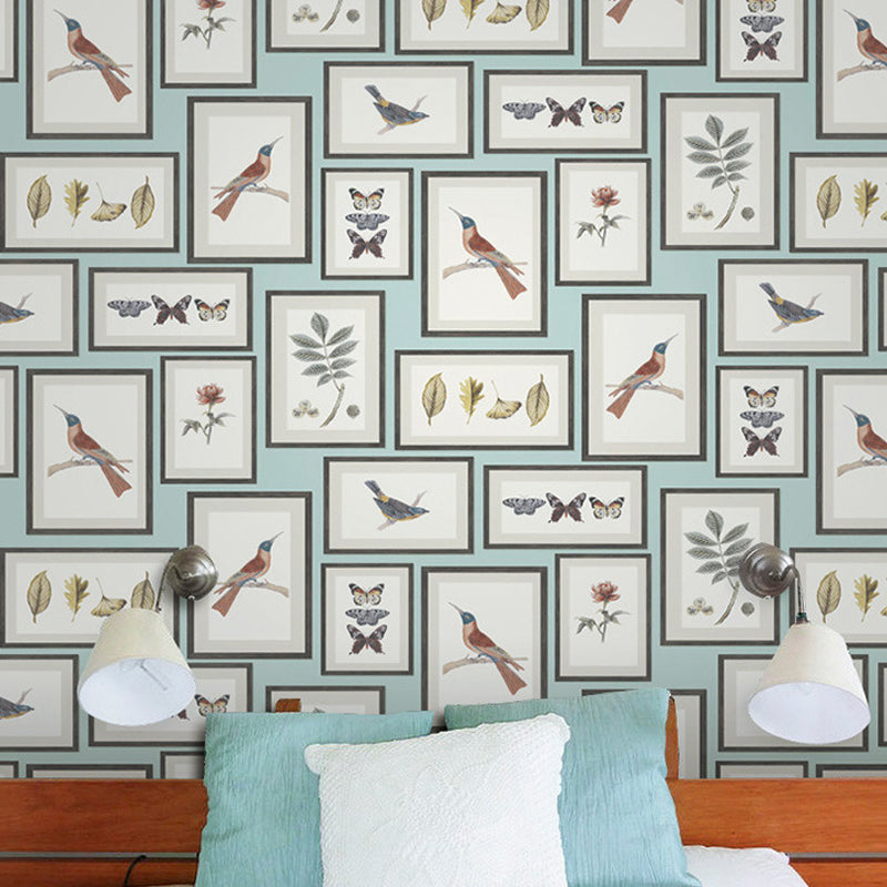 Flower and Bird Wallpaper Photo Frame 20.5"W x 33'L Non-Pasted Water-Resistant Wall Decor Blue Clearhalo 'Modern wall decor' 'Modern' 'Wallpaper' Wall Decor' 893314