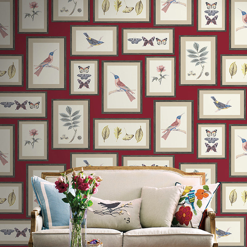 Flower and Bird Wallpaper Photo Frame 20.5"W x 33'L Non-Pasted Water-Resistant Wall Decor Red Clearhalo 'Modern wall decor' 'Modern' 'Wallpaper' Wall Decor' 893319