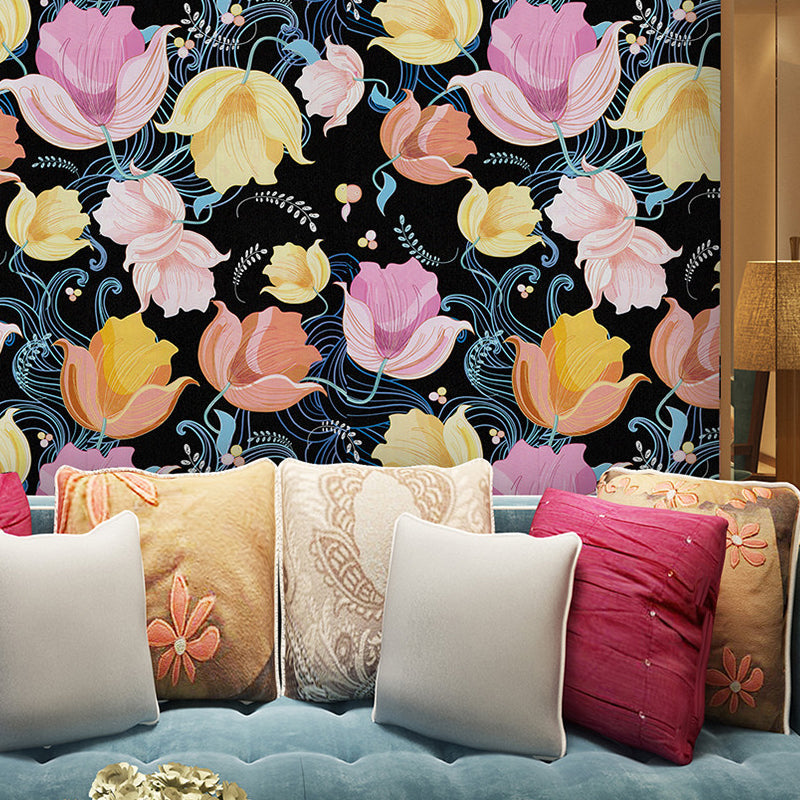 Dormitory Wallpaper with Multi-Colored Tulip and Floral Pattern, 17.5-inch x 19.5-foot, Non-Pasted Black Clearhalo 'Modern wall decor' 'Modern' 'Wallpaper' Wall Decor' 893345