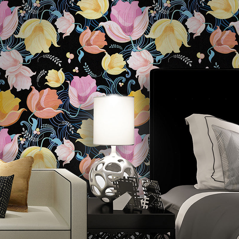 Dormitory Wallpaper with Multi-Colored Tulip and Floral Pattern, 17.5-inch x 19.5-foot, Non-Pasted Clearhalo 'Modern wall decor' 'Modern' 'Wallpaper' Wall Decor' 893347