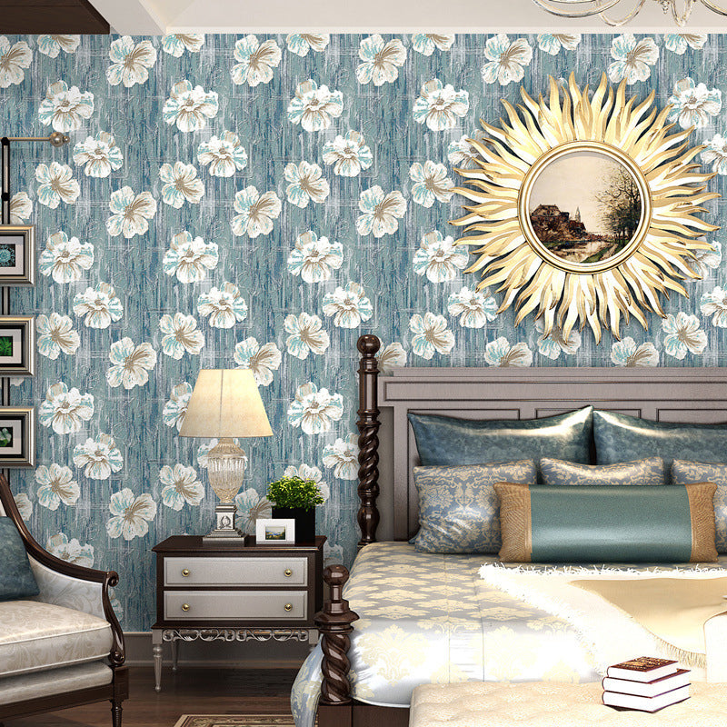 Extravagant Blossoms Non-Pasted Stain-Resistant Wallpaper, 20.5"W x 31'L, Natural Color Blue Clearhalo 'Modern wall decor' 'Modern' 'Wallpaper' Wall Decor' 893357