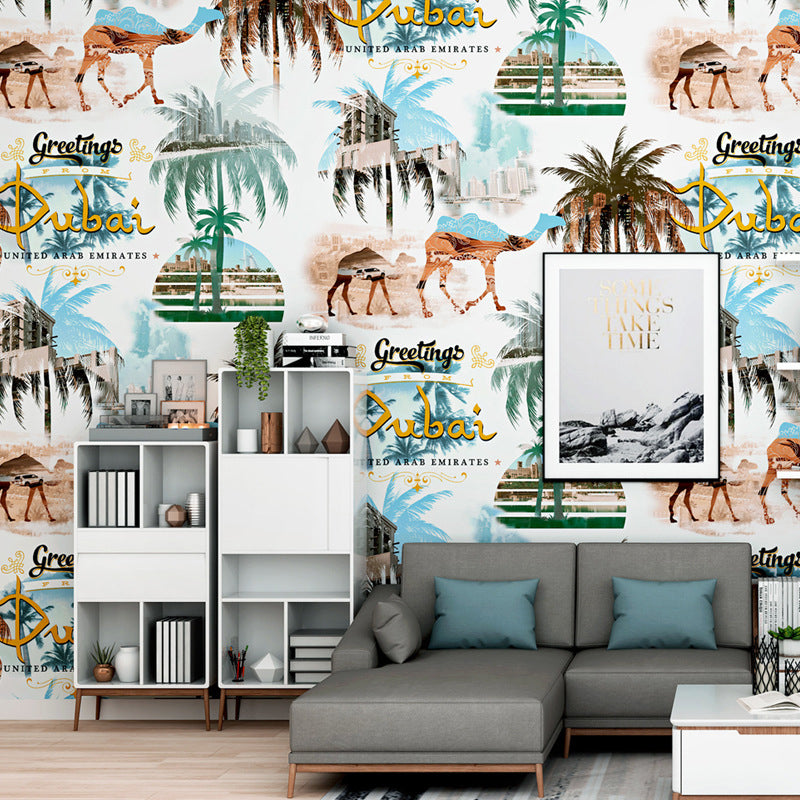 Camel and Coconut Tree Wallpaper 33' by 20.5" Thai Tropical Non-Pasted Wall Decor in Multi-Color Blue Clearhalo 'Modern wall decor' 'Modern' 'Tropical wall decor' 'Tropical' 'Wallpaper' Wall Decor' 893435