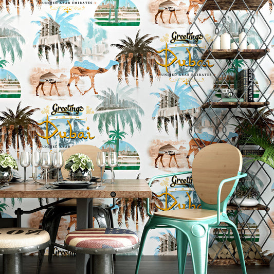 Camel and Coconut Tree Wallpaper 33' by 20.5" Thai Tropical Non-Pasted Wall Decor in Multi-Color Clearhalo 'Modern wall decor' 'Modern' 'Tropical wall decor' 'Tropical' 'Wallpaper' Wall Decor' 893436