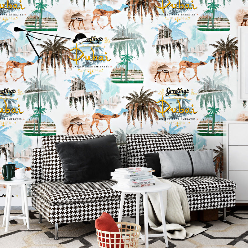 Camel and Coconut Tree Wallpaper 33' by 20.5" Thai Tropical Non-Pasted Wall Decor in Multi-Color Clearhalo 'Modern wall decor' 'Modern' 'Tropical wall decor' 'Tropical' 'Wallpaper' Wall Decor' 893437