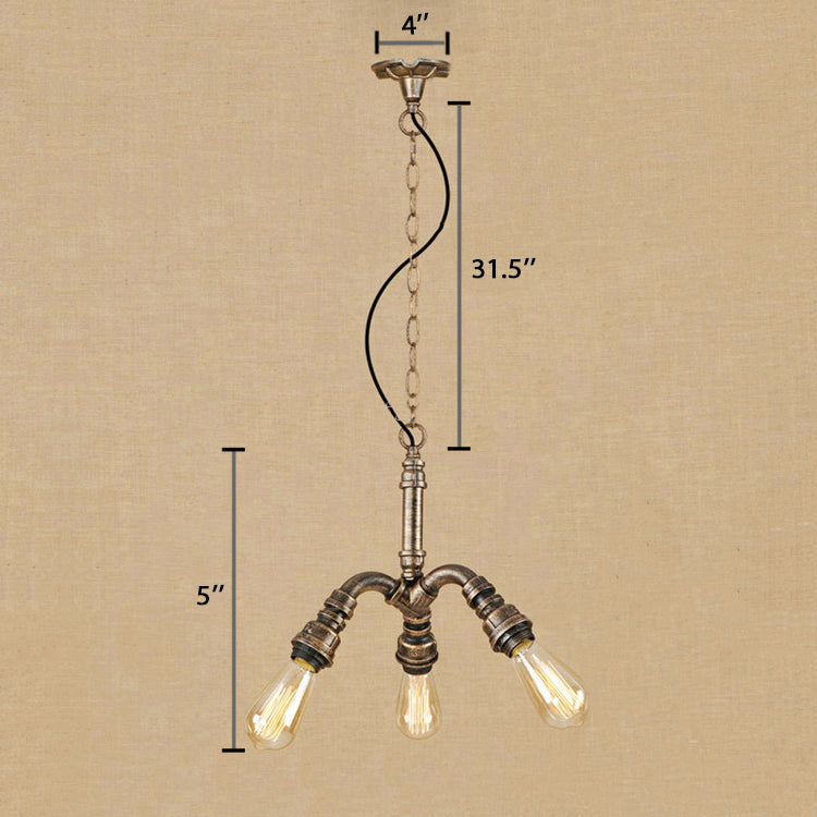 Bronze Open Bulb Chandelier Light with Pipe Antique Stylish 3-Light Farmhouse Hanging Fixture Clearhalo 'Cast Iron' 'Ceiling Lights' 'Chandeliers' 'Industrial Chandeliers' 'Industrial' 'Metal' 'Middle Century Chandeliers' 'Rustic Chandeliers' 'Tiffany' Lighting' 89347