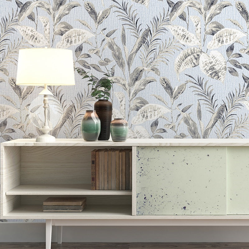 Distressed Leaf Wallpaper for Living Room Non-Pasted Wall Covering, 33-foot x 20.5-inch, Grey and White Clearhalo 'Modern wall decor' 'Modern' 'Tropical wall decor' 'Tropical' 'Wallpaper' Wall Decor' 893472