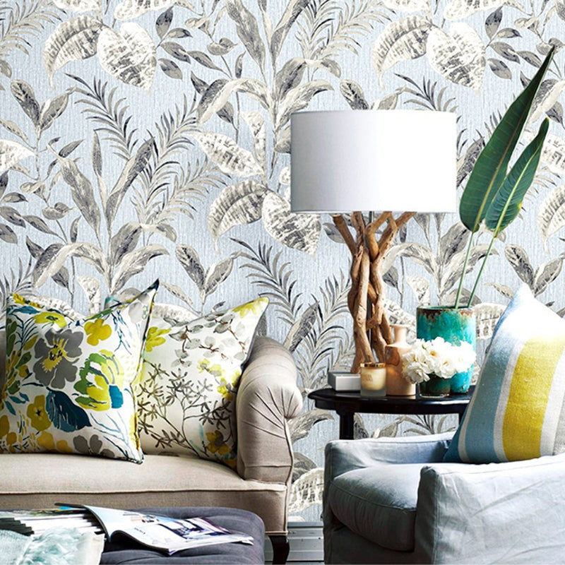 Distressed Leaf Wallpaper for Living Room Non-Pasted Wall Covering, 33-foot x 20.5-inch, Grey and White Clearhalo 'Modern wall decor' 'Modern' 'Tropical wall decor' 'Tropical' 'Wallpaper' Wall Decor' 893473