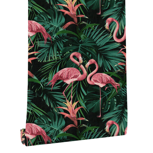 Vinyl 33' by 20.5" Tropical Non-Pasted Flamingo and Botanical Leaf Wallpaper Clearhalo 'Modern wall decor' 'Modern' 'Tropical wall decor' 'Tropical' 'Wallpaper' Wall Decor' 893479