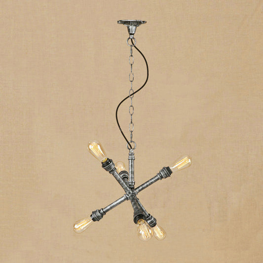 6-Bulb Iron Hanging Lighting Antique Stylish Aged Silver Sputnik Restaurant Chandelier Lighting with Pipe Aged Silver Clearhalo 'Cast Iron' 'Ceiling Lights' 'Chandeliers' 'Industrial Chandeliers' 'Industrial' 'Metal' 'Middle Century Chandeliers' 'Rustic Chandeliers' 'Tiffany' Lighting' 89350