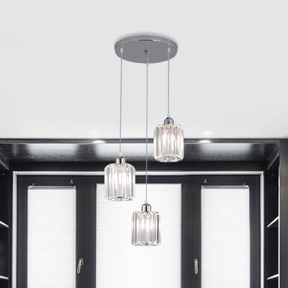 Cylinder Clear Crystal Block Multi Light Pendant Modernism 3 Bulbs Chrome Hanging Lamp Kit Clear Clearhalo 'Ceiling Lights' 'Modern Pendants' 'Modern' 'Pendant Lights' 'Pendants' Lighting' 893839