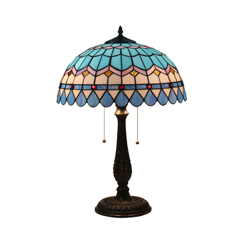Dome Shaped Pull Chain Night Table Lighting Tiffany Stained Glass 1-Head Bronze Nightstand Lamp Clearhalo 'Lamps' 'Table Lamps' Lighting' 893868