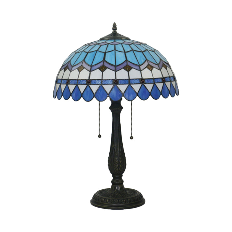 Dome Shaped Pull Chain Night Table Lighting Tiffany Stained Glass 1-Head Bronze Nightstand Lamp Clearhalo 'Lamps' 'Table Lamps' Lighting' 893869