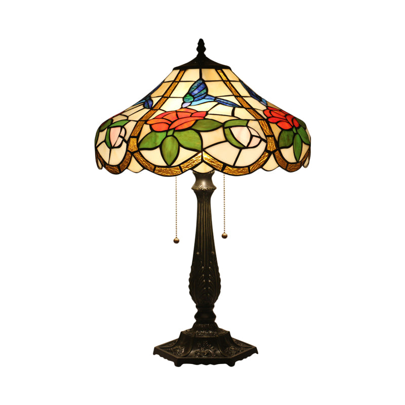 2 Bulbs Bedroom Pull Chain Table Lighting Mediterranean Bronze Petal Patterned Task Light with Bowl Stained Glass Shade Clearhalo 'Lamps' 'Table Lamps' Lighting' 893872