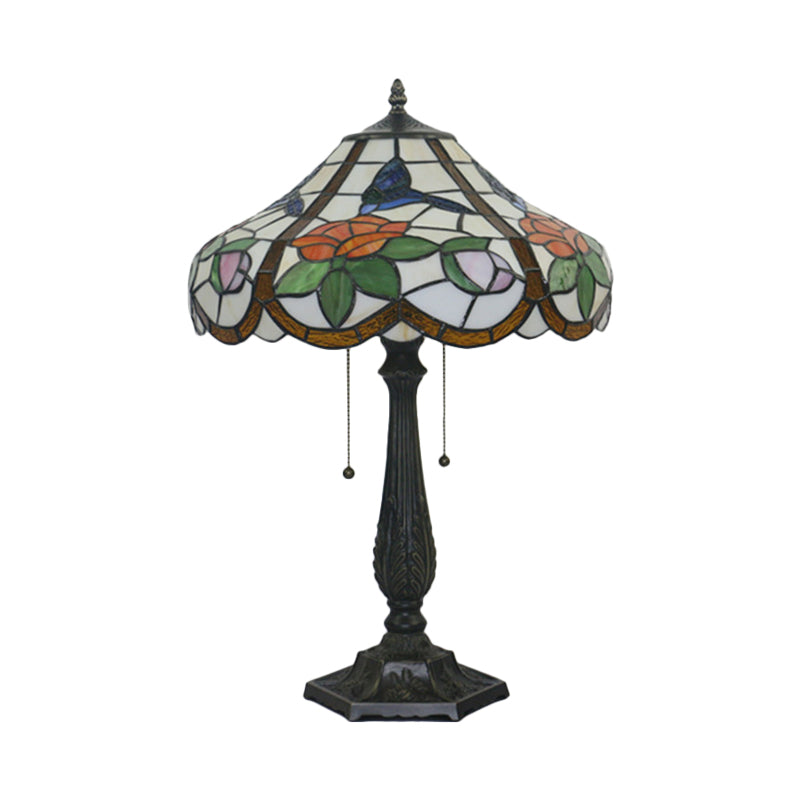 2 Bulbs Bedroom Pull Chain Table Lighting Mediterranean Bronze Petal Patterned Task Light with Bowl Stained Glass Shade Clearhalo 'Lamps' 'Table Lamps' Lighting' 893873