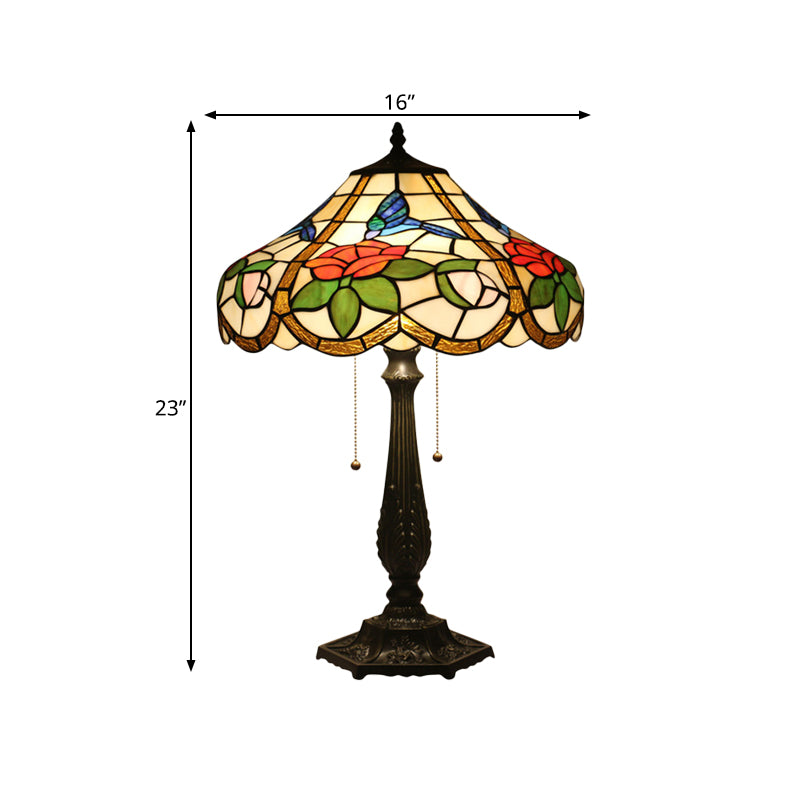 2 Bulbs Bedroom Pull Chain Table Lighting Mediterranean Bronze Petal Patterned Task Light with Bowl Stained Glass Shade Clearhalo 'Lamps' 'Table Lamps' Lighting' 893874