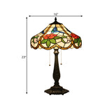 2 Bulbs Bedroom Pull Chain Table Lighting Mediterranean Bronze Petal Patterned Task Light with Bowl Stained Glass Shade Clearhalo 'Lamps' 'Table Lamps' Lighting' 893874