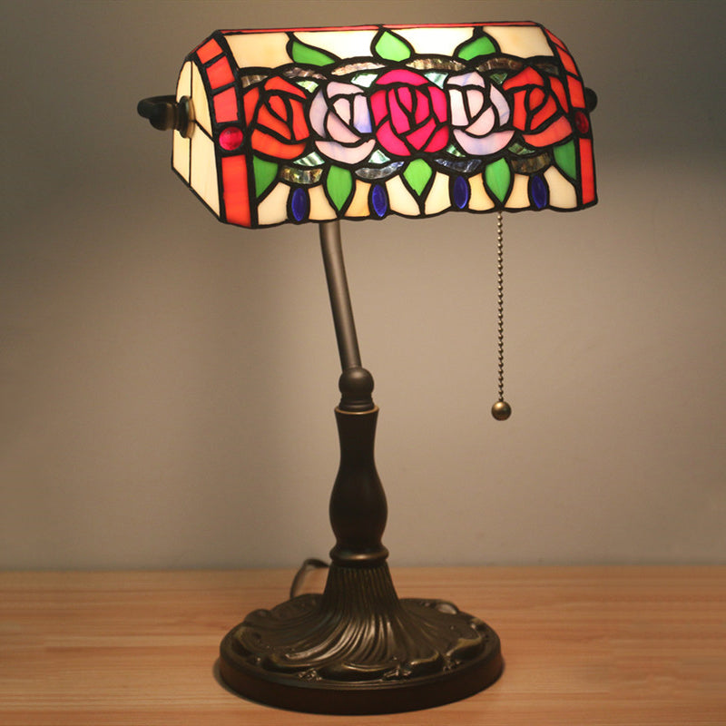 Rose Night Lighting 1-Light Stained Art Glass Mediterranean Desk Lamp in Bronze with Pull Chain Bronze Clearhalo 'Lamps' 'Table Lamps' Lighting' 893875