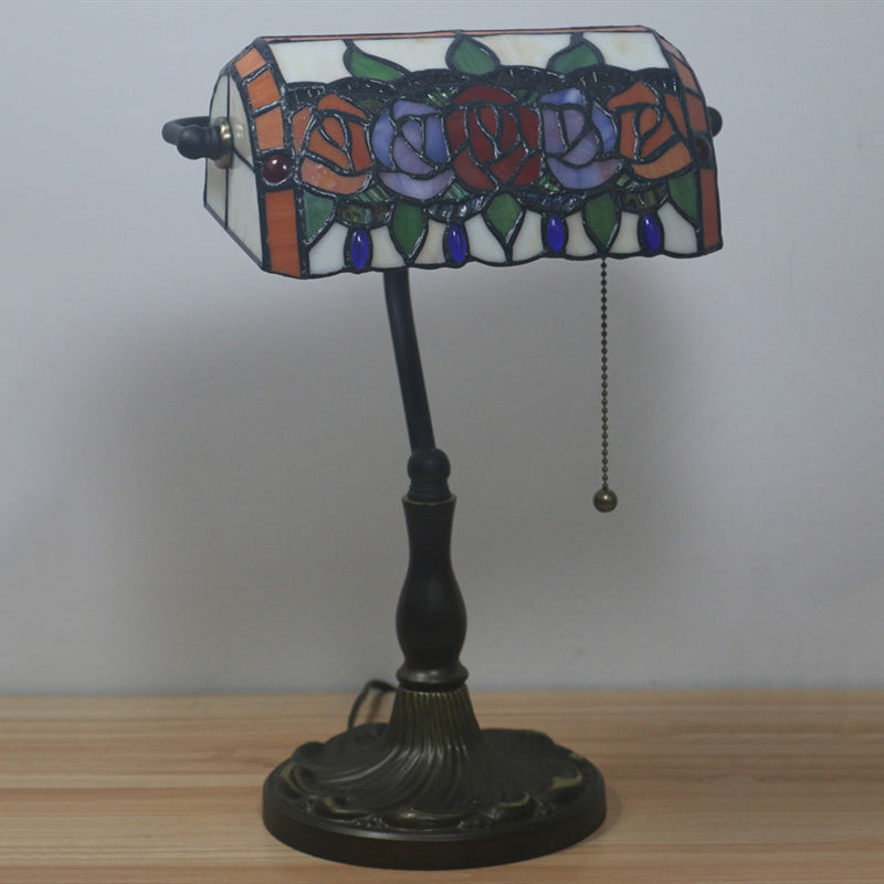 Rose Night Lighting 1-Light Stained Art Glass Mediterranean Desk Lamp in Bronze with Pull Chain Clearhalo 'Lamps' 'Table Lamps' Lighting' 893876