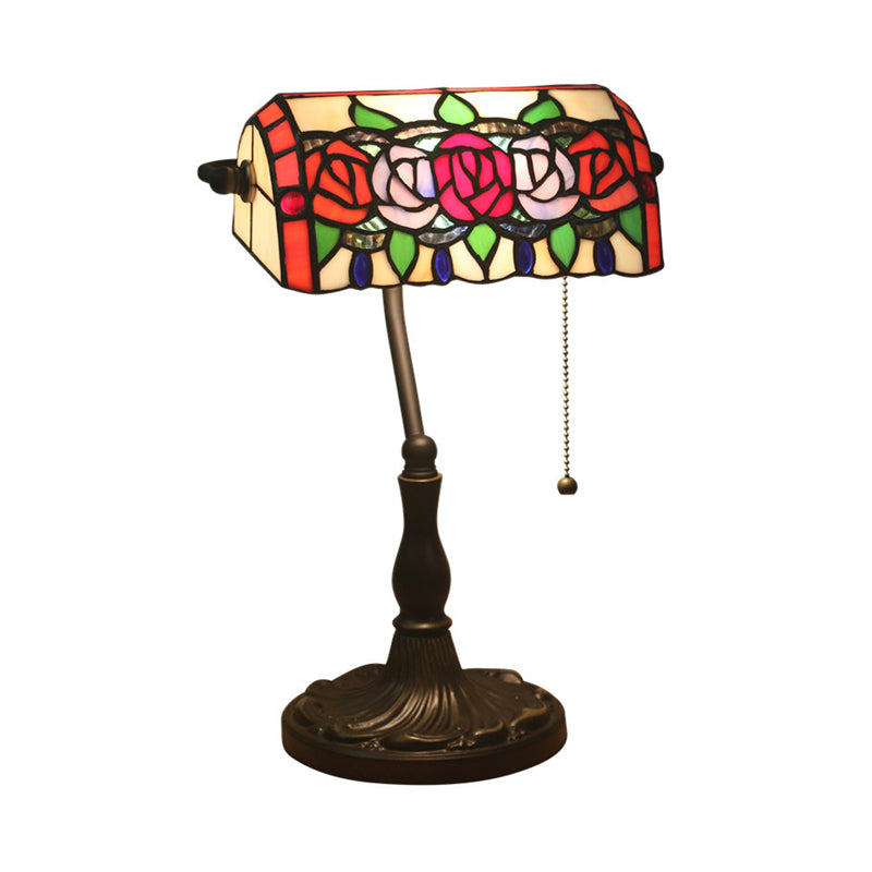 Rose Night Lighting 1-Light Stained Art Glass Mediterranean Desk Lamp in Bronze with Pull Chain Clearhalo 'Lamps' 'Table Lamps' Lighting' 893877