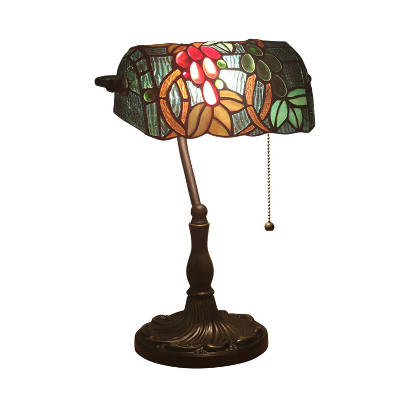 Cut Glass Bronze Nightstand Lamp Rollover Shade 1 Head Baroque Grape Patterned Table Lighting with Pull Chain Clearhalo 'Lamps' 'Table Lamps' Lighting' 893881
