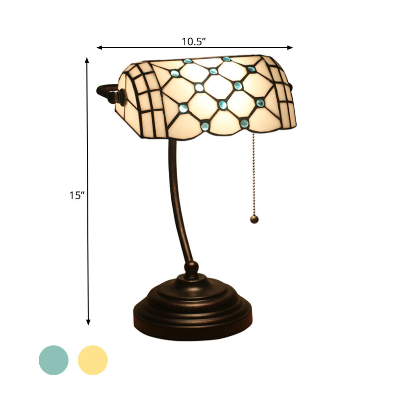 1 Head Task Lamp Tiffany Style Jeweled Beige Glass Pull Chain Night Table Lighting in Blue/Gold with Curved Arm Clearhalo 'Lamps' 'Table Lamps' Lighting' 893886