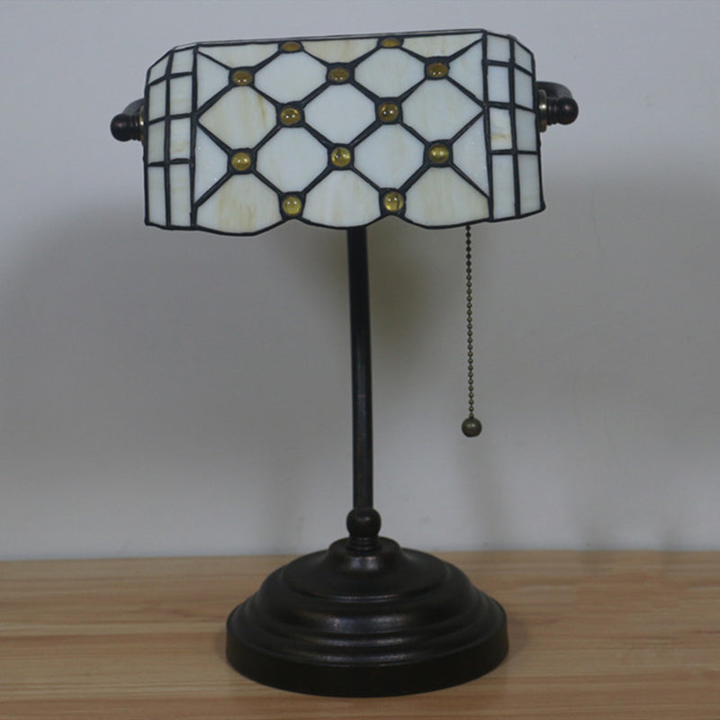 1 Head Task Lamp Tiffany Style Jeweled Beige Glass Pull Chain Night Table Lighting in Blue/Gold with Curved Arm Clearhalo 'Lamps' 'Table Lamps' Lighting' 893888