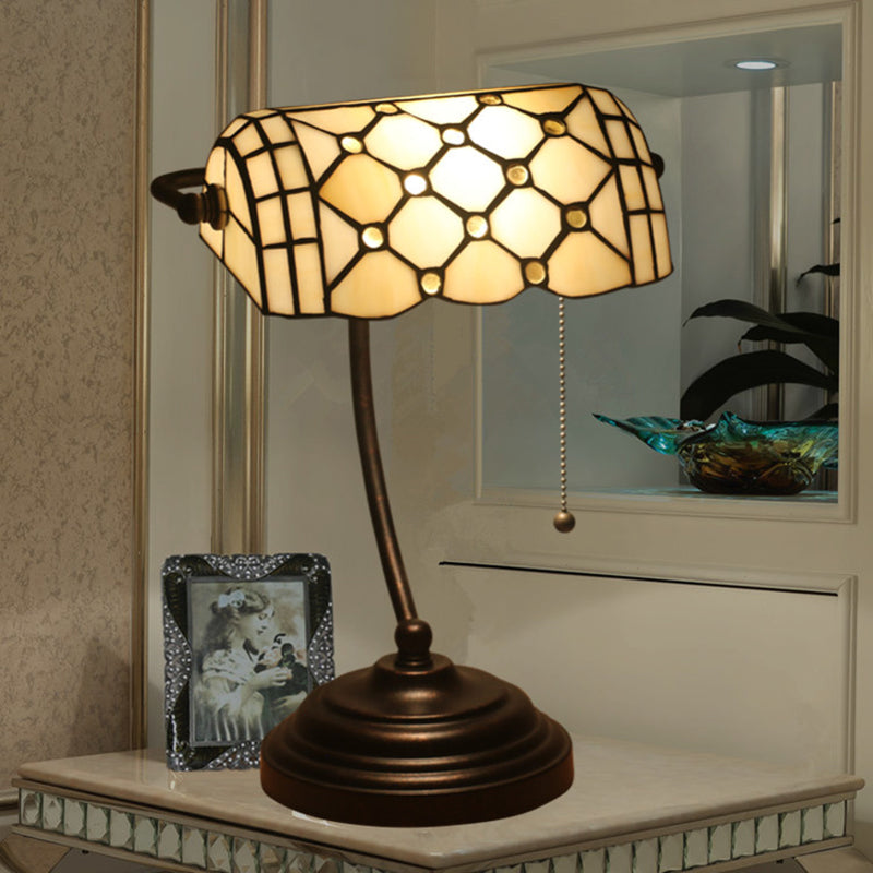 1 Head Task Lamp Tiffany Style Jeweled Beige Glass Pull Chain Night Table Lighting in Blue/Gold with Curved Arm Clearhalo 'Lamps' 'Table Lamps' Lighting' 893889