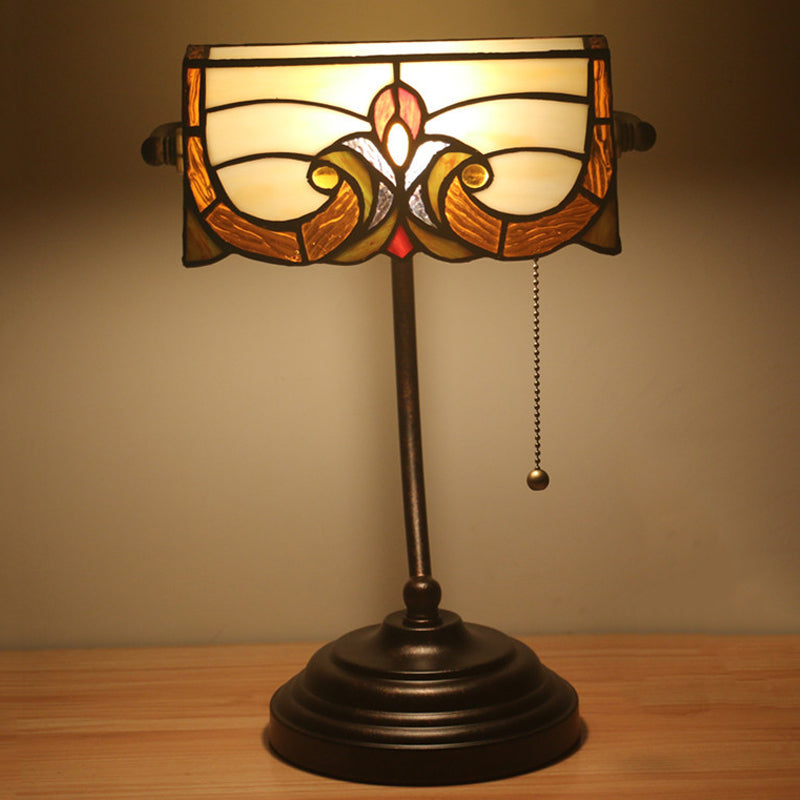 Bronze Rollover Shade Night Lamp Victorian 1 Light Stained Art Glass Table Light with Pull Chain Bronze Clearhalo 'Lamps' 'Table Lamps' Lighting' 893891
