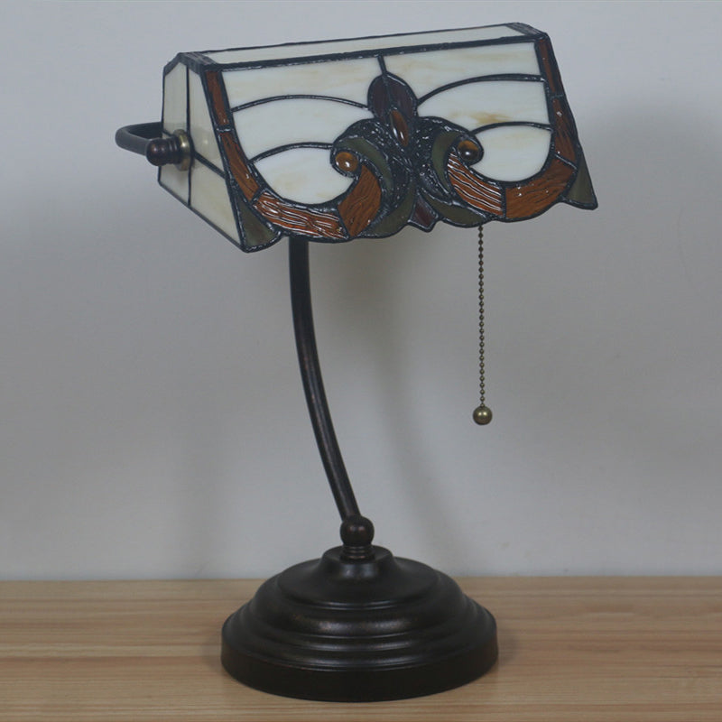 Bronze Rollover Shade Night Lamp Victorian 1 Light Stained Art Glass Table Light with Pull Chain Clearhalo 'Lamps' 'Table Lamps' Lighting' 893892