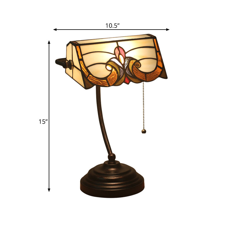Bronze Rollover Shade Night Lamp Victorian 1 Light Stained Art Glass Table Light with Pull Chain Clearhalo 'Lamps' 'Table Lamps' Lighting' 893894