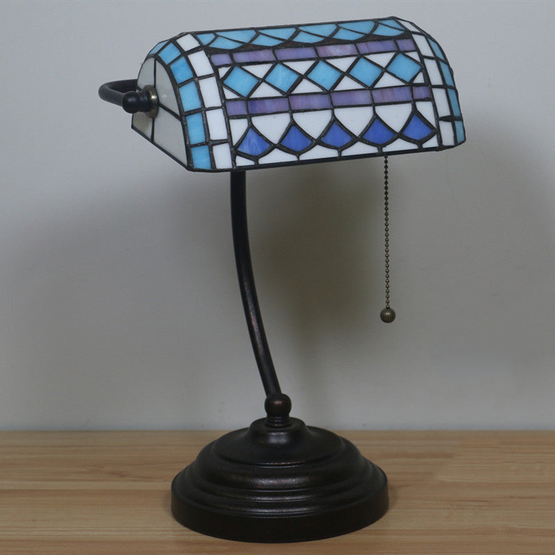 Tiffany Rhombus Patterned Desk Lighting 1-Head Cut Glass Pull Chain Table Lamp in Brown/Blue/Green and White Blue Clearhalo 'Lamps' 'Table Lamps' Lighting' 893895