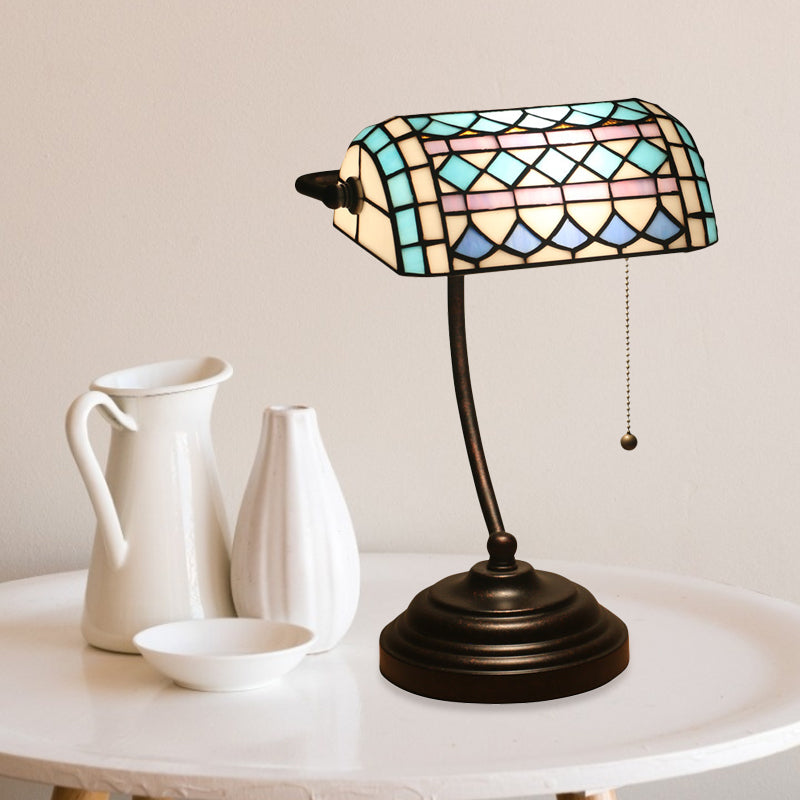 Tiffany Rhombus Patterned Desk Lighting 1-Head Cut Glass Pull Chain Table Lamp in Brown/Blue/Green and White Clearhalo 'Lamps' 'Table Lamps' Lighting' 893896