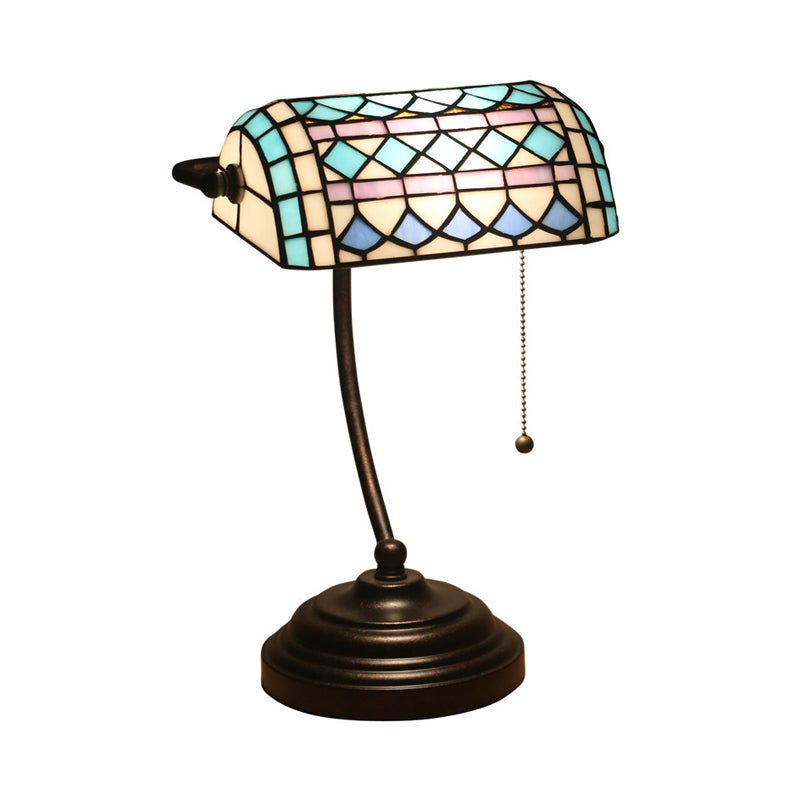 Tiffany Rhombus Patterned Desk Lighting 1-Head Cut Glass Pull Chain Table Lamp in Brown/Blue/Green and White Clearhalo 'Lamps' 'Table Lamps' Lighting' 893897