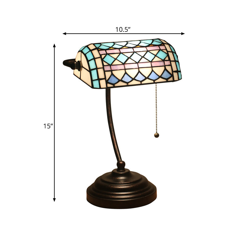 Tiffany Rhombus Patterned Desk Lighting 1-Head Cut Glass Pull Chain Table Lamp in Brown/Blue/Green and White Clearhalo 'Lamps' 'Table Lamps' Lighting' 893898