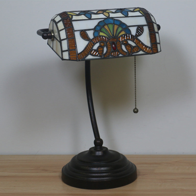 Tiffany Rhombus Patterned Desk Lighting 1-Head Cut Glass Pull Chain Table Lamp in Brown/Blue/Green and White Clearhalo 'Lamps' 'Table Lamps' Lighting' 893900