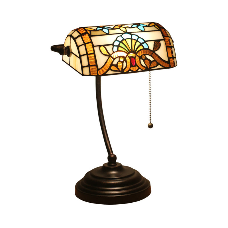 Tiffany Rhombus Patterned Desk Lighting 1-Head Cut Glass Pull Chain Table Lamp in Brown/Blue/Green and White Clearhalo 'Lamps' 'Table Lamps' Lighting' 893902