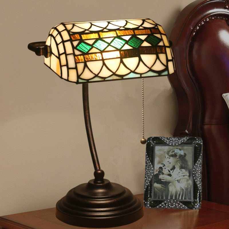 Tiffany Rhombus Patterned Desk Lighting 1-Head Cut Glass Pull Chain Table Lamp in Brown/Blue/Green and White Green-White Clearhalo 'Lamps' 'Table Lamps' Lighting' 893903