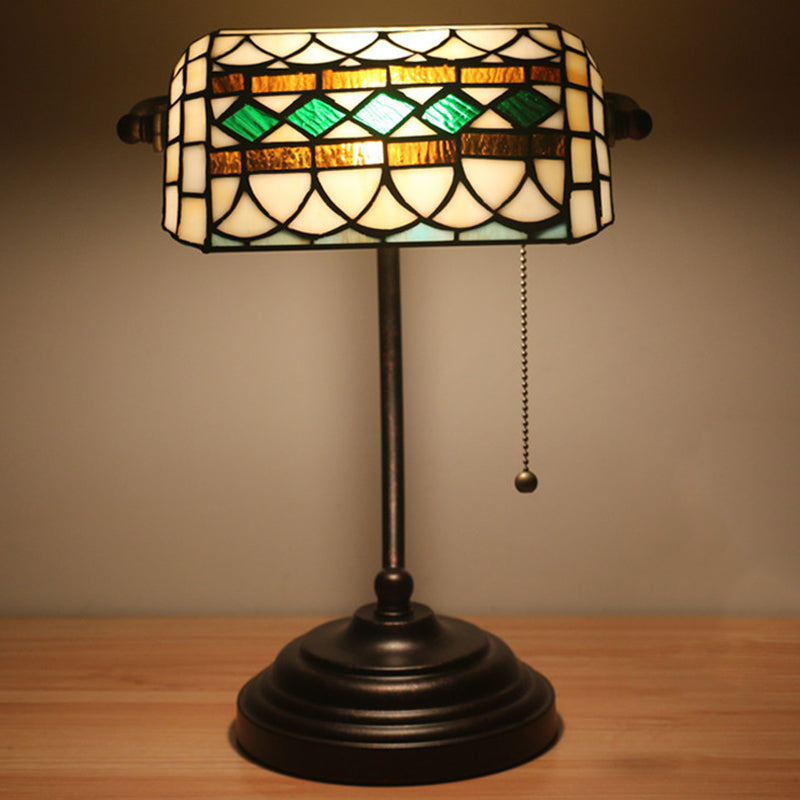 Tiffany Rhombus Patterned Desk Lighting 1-Head Cut Glass Pull Chain Table Lamp in Brown/Blue/Green and White Clearhalo 'Lamps' 'Table Lamps' Lighting' 893904
