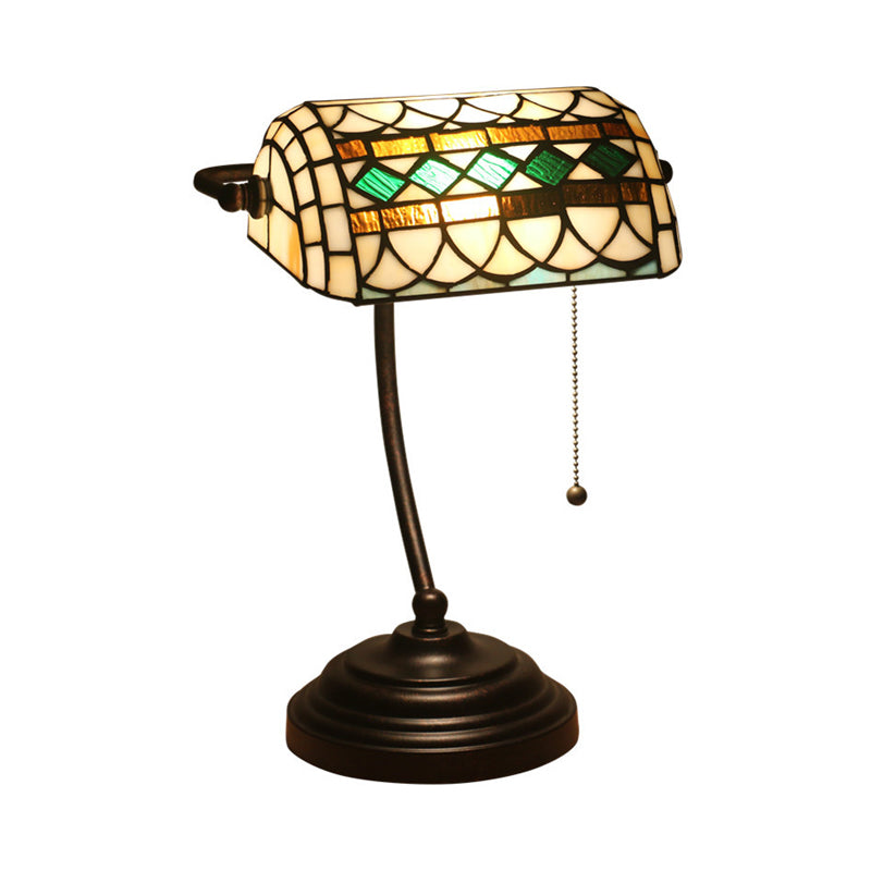 Tiffany Rhombus Patterned Desk Lighting 1-Head Cut Glass Pull Chain Table Lamp in Brown/Blue/Green and White Clearhalo 'Lamps' 'Table Lamps' Lighting' 893906
